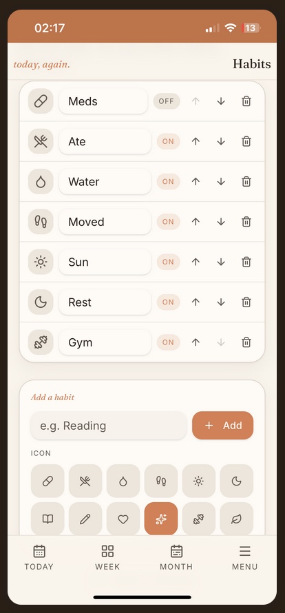 Habits panel — customise without streak pressure
