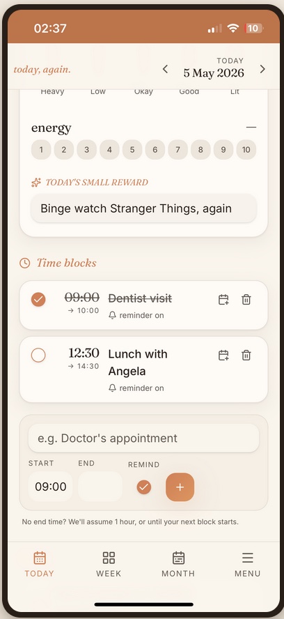 Time blocks view — schedule your day without pressure
